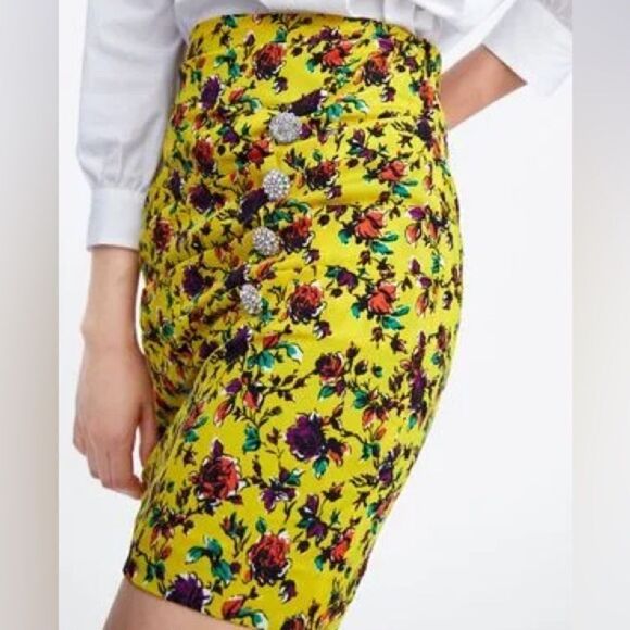 Zara mustard floral ruched draped skirt size large - Picture 1 of 5